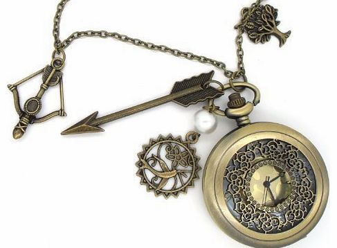 10th Planet Events Hunger Games Pocket Watch, Antique Brass Mockingjay, Katniss Arrow, Hollow Phoenix and Hanging Tree, prop replica