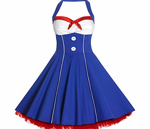1950s-boutique 50s Lady Nautical Sailor Vintage Style Swing Full Circle Rockabilly Pinup Dress - Blue Halterneck - Size: 12