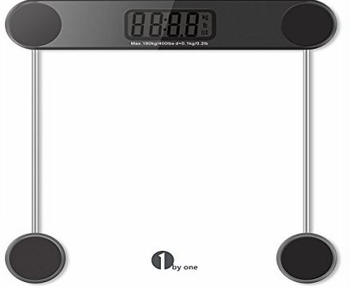 1byone Digital Body Weight Bathroom Scale, 180kg/400lb, Tempered Glass and Step-on Technology, Precision 0.1kg/0.2lb, Black