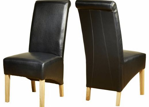 Leather Dining Chairs Scroll Back Oak Legs Furniture (Black)