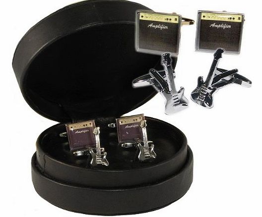 1StopShops Stratocaster Style Guitar and Amp Cufflinks in Leather Presentation Case