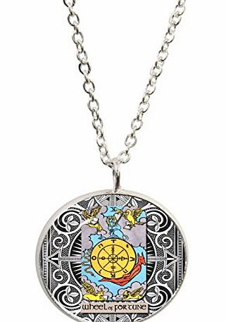 1StopShops Wheel of Fortune Tarot Card Pendant and Silver Plated Necklace Set