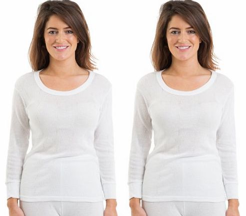 2 Womens Jacquard Rib Long Sleeve Thermal Vest Underwear White, 8-10