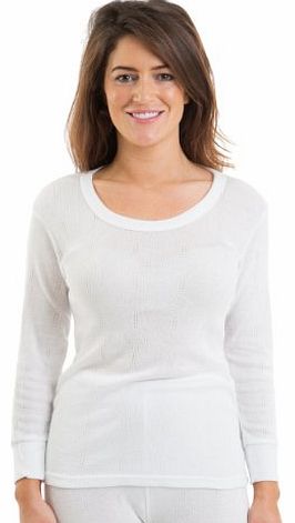 Womens Jacquard Rib Long Sleeve Thermal Vest Underwear White, 8-10