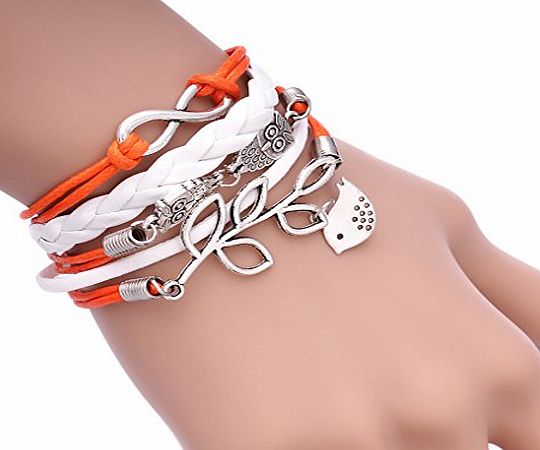 4youquality Handmade Infinity Vintage Friendship Owl Birds Charms Leather Orange Bracelet For Women Girl