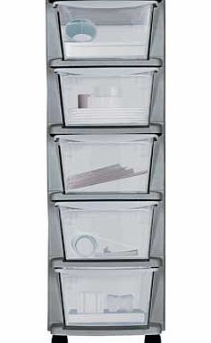 5 Drawer Plastic Slim Tower Storage Unit - Silver