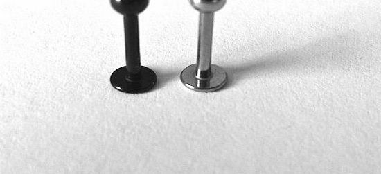 2 x Titanium Plated Stainless Steel Black & Silver Labret Ball Top Lip Studs Tragus Ear Rings Monroe Bars Body Piercing