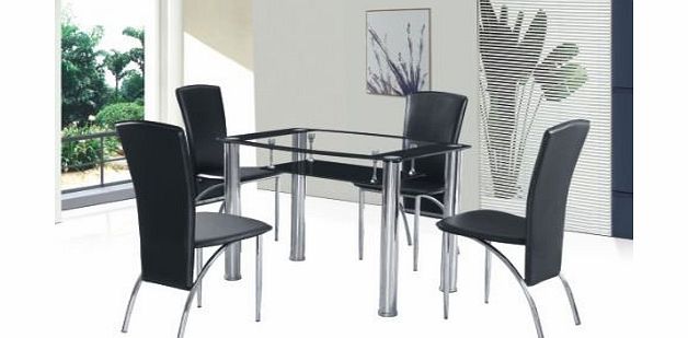 7 Star Furniture 7 Star Black 105cm Clear Glass Dining Table - Black Glass Shelf - Steel Legs - Dining Table with Storage