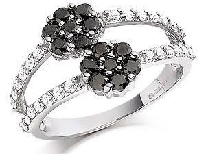 9ct Gold Black and White Diamond Flower Ring