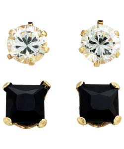 9ct gold Black Square and Clear Round Earrings Set