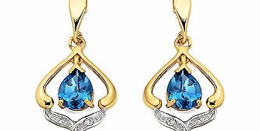9ct Gold Blue Topaz And Diamond Drop Earrings