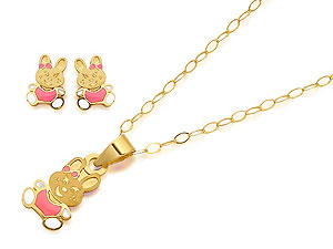9ct Gold Bunny Earrings Pendant And Chain Set -
