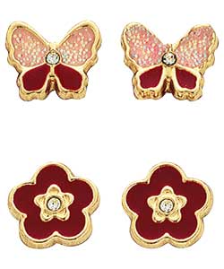 9ct Gold Butterfly and Flower Stud Earrings