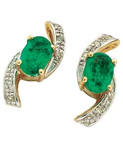 9ct gold Created Emerald and Diamond Crossover Studs
