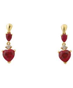 9ct Gold Created Ruby and Diamond Heart Drop Earrings