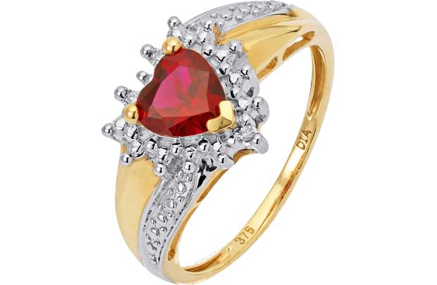 9ct Gold Created Ruby and Diamond Heart Ring -