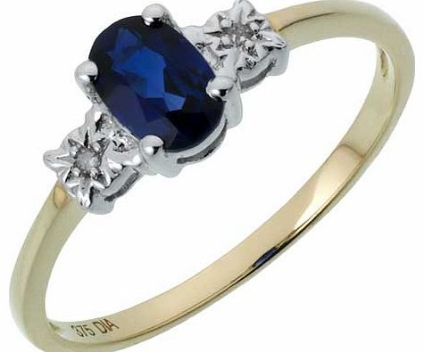 9ct Gold Created Sapphire and Diamond 3 Stone Ring