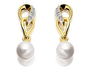 9ct Gold Diamond And Double Loop Pearl Earrings