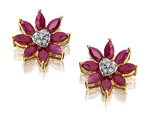 9ct Gold Diamond And Ruby Dahlia Earrings 12mm