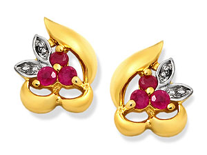 9ct Gold Diamond And Ruby Earrings - 070905