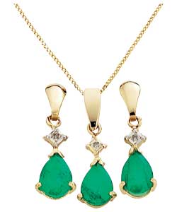 9ct gold Emerald Teardrop Pendant and Earrings Set