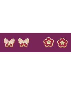 9ct gold Enamel Butterfly and Flower Stud Earrings