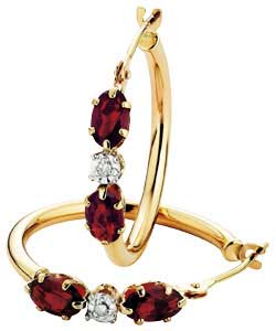 9ct gold Garnet and Diamond Hoop Earrings