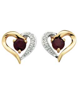 9ct Gold Garnet and Pave Set Diamond Heart Earrings