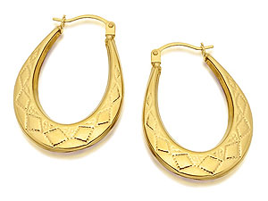 9ct Gold Oval Beaded Diamond Design Creole Hoop
