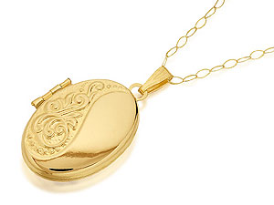 9ct Gold Oval Half Embossed Locket And Chain -