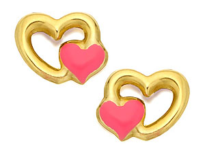 9ct Gold Pink Enamel Double Heart Earrings 8mm