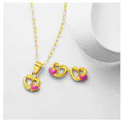 9CT GOLD PINK HEART ENAMEL EARRGS/PENDT SET