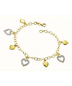 9ct gold Plain and Cubic Zirconia Heart Charm Bracelet