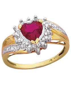 9ct Gold Ruby and Diamond Heart Ring - Size Small (L)