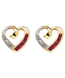 9ct gold Ruby and Diamond Heart Stud Earrings