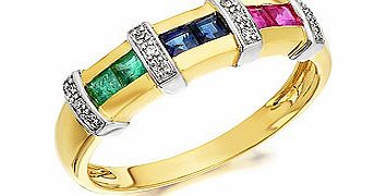 9ct Gold Ruby, Sapphire, Emerald And Diamond