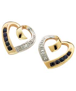 9ct gold Sapphire and Diamond Heart Stud Earrings