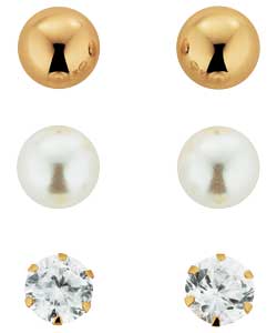 9ct gold Simulated Pearl, Cubic Zirconia and Ball Earrings
