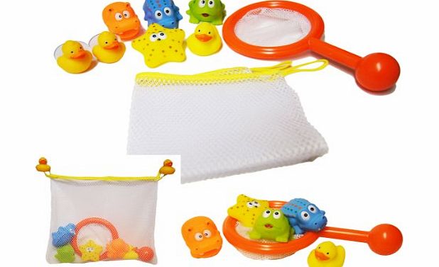 A to Z Bath Time Play Set Storage Net Tidy Bag Fishing Game Squrter Rubber Duck Toy