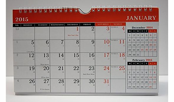2015 three months to view black and red UK desk calendar