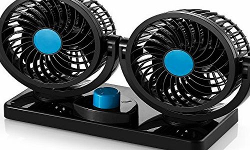 AboveTEK 12V Electric Car Fan - Rotatable 2 Speed Dual Blade 12 Volt DC Fan with 9FT Cord amp; 3M Stickers - Quiet Strong Dashboard Circulator Cooling Air Fan for Sedan SUV RV Boat Auto Vehicles - E