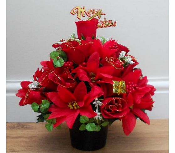 ABSOLUTELY SILK ARTIFICIAL SILK FLOWER CHRISTMAS ARRANGEMENT GRAVE POT RED ROSE AND POINSETTIAS