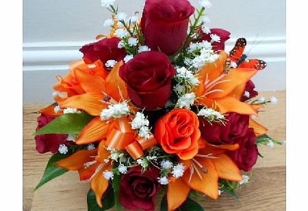 ABSOLUTELY SILK BURGUNDY AND ORANGE ROSE ORANGE LILY ALL ROUND SILK FLOWER ARRANGEMENT POSY FOR GRAVE OR FUNERAL