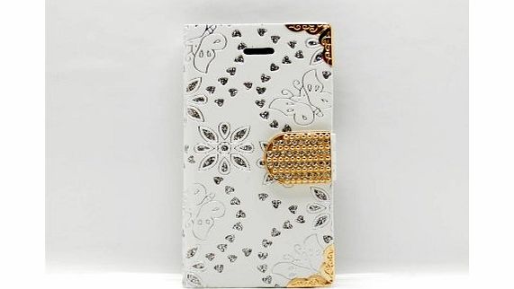 iPhone 5s / 5 White Wallet Clutch Purse Butterflies Flowers Credit Bank Card Holder Glitter Bling Diamante Diamands Look All Over Designer Case Accessories Cover