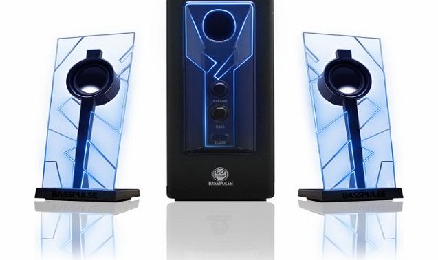 GOgroove BassPULSE 2.1 Satellite Stereo Speaker Sound System with Powered Subwoofer, Blue LED Glow Lights amp; 3.5mm AUX for PC , Apple MAC , Laptops , Desktops , Smartphones , Tablets , Home Theater