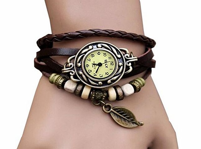 AccessoryStation Vintage Leaf Weave Wrap Around Leather Bracelet Lady Wrist Watch Quartz Watch(Black)