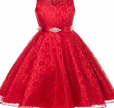 ACVIP Child Girls Sleeveless Lace Dress With Rhinestone Satin Belt Party Ball Formal Wedding Costume (13-14 Years/ Tag 14#, Red)