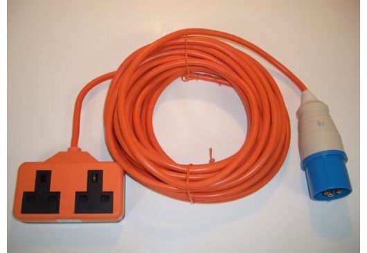 15m Caravan or Camping Mains Hook Up Cable 16 Amp Ceeform Plug to 13 Amp Double Socket Arctic Cable in Orange