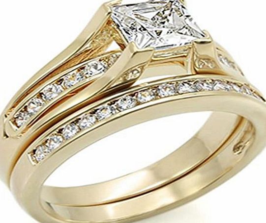 New Improved! Princess Cut 6mm Flawless Lab Diamonds Ring and Half Eternity Channel Set Band. Never Tarnish. Stamped 316. Outstanding Quality Engagement Wedding Set. 24K Gold Electroplated.