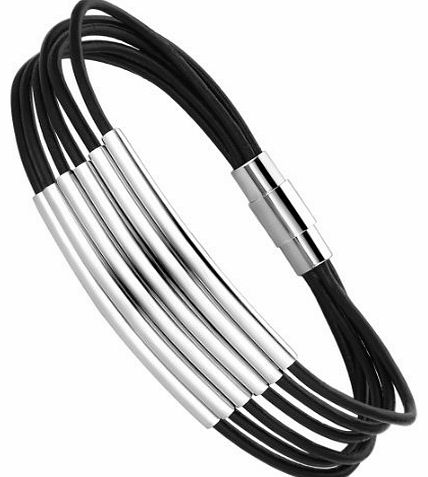 AI Stainless Steel Jewelry Leather and Stainless Steel Six Strands Womens Bracelet (Black and Silver Color) G6068MY3